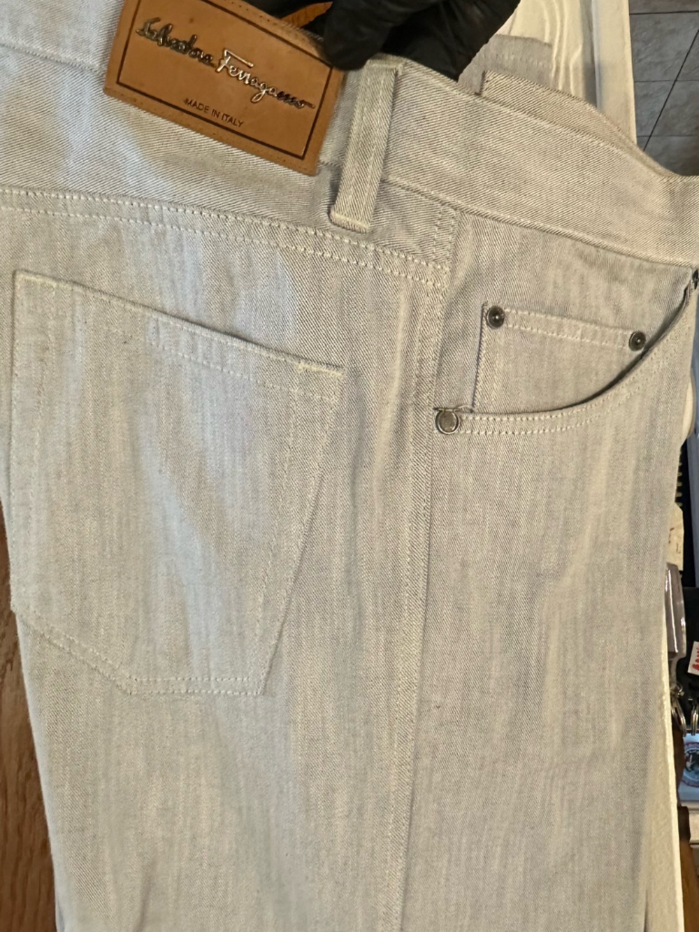 Salvatore Ferragamo Men’s Light Silver Straight Jeans . Size 38 in seams 30 .